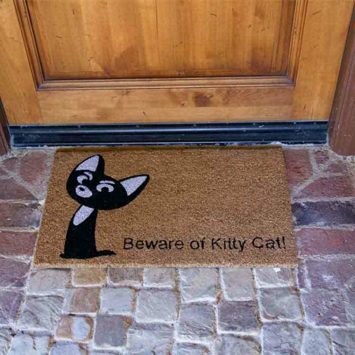 Beware of kitty cat welcome mat in front of door