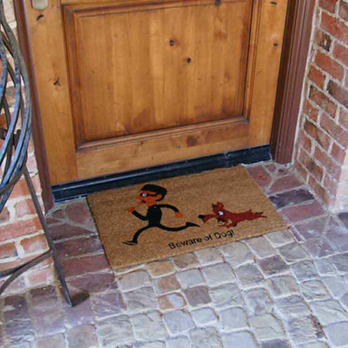 Beware of dog welcome mat in front of door