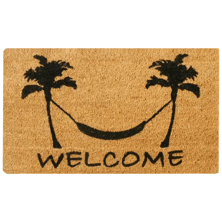 Two doormat one with welcome tropical with a pineapple replacing the o in welcome and the other is two tropical trees hung for a hammock with welcome underneath