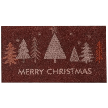 Vibrant Red Christmas Welcome Mat with christmas trees