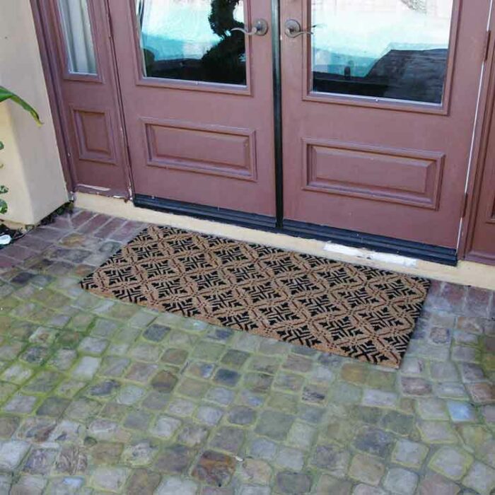 Classic Fleur de Lis French mat in front of double doors