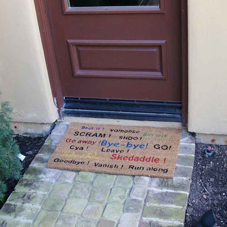 Humorous Go Away Mat in front of brown door