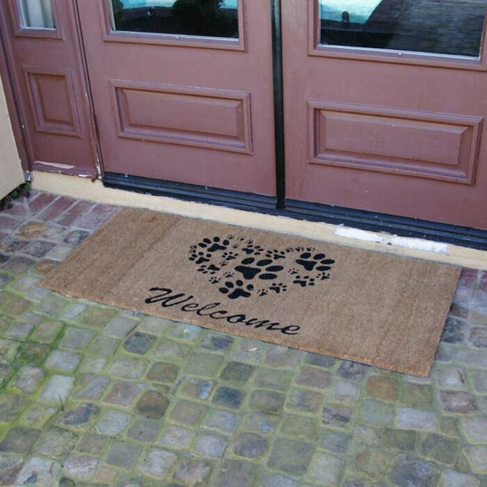 Heart Shaped Paws Welcome Doormat In Front of Door