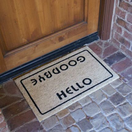 Hello Goodbye Welcome Doormat in front of door