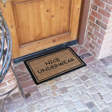 Humorous doormat making an awkward comment