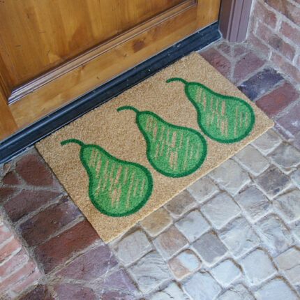 Weather-Resistant Coir Mat Featuring Green Pear Fruits