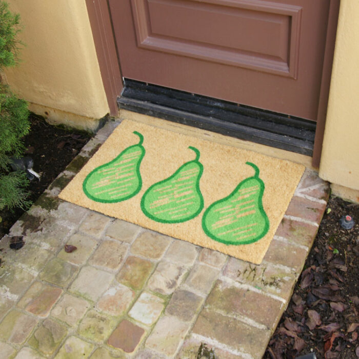 Weather-Resistant Coir Mat Featuring Green Pear Fruits
