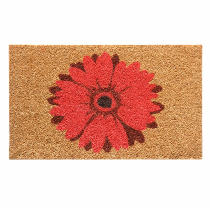 Brown door mat with a Red Daisy design
