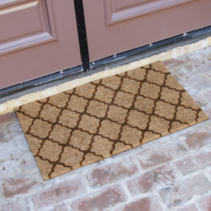 An Outdoor Coir Door Mat with an Stylish Old Moroccan Design in brown color