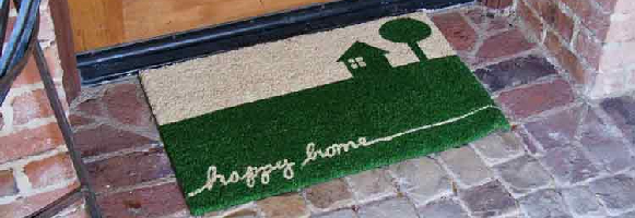 Quaint and Blissful Country Door Mat with pictures of tree and a house
