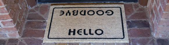 Hello Goodbye Welcome Doormat in front of door