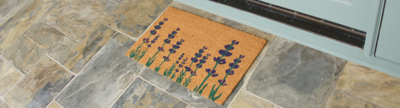 Coir Mat with with english purple lavender design in front of white double doors
